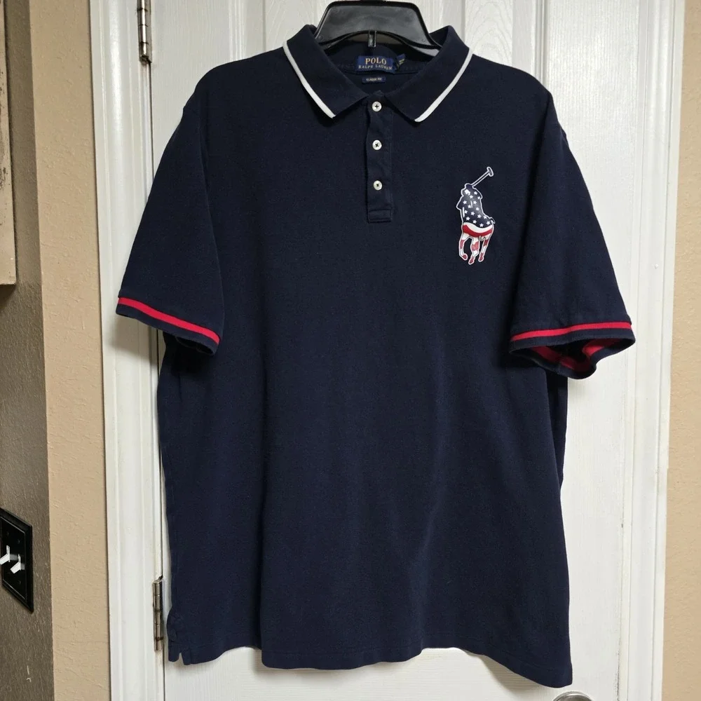 Polo Ralph Lauren Big Pony USA Flag Rugby Shirt Blue Men's XXL